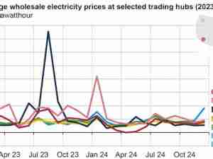 U.S. wholesale electricity prices were lower and less volatile in 2024