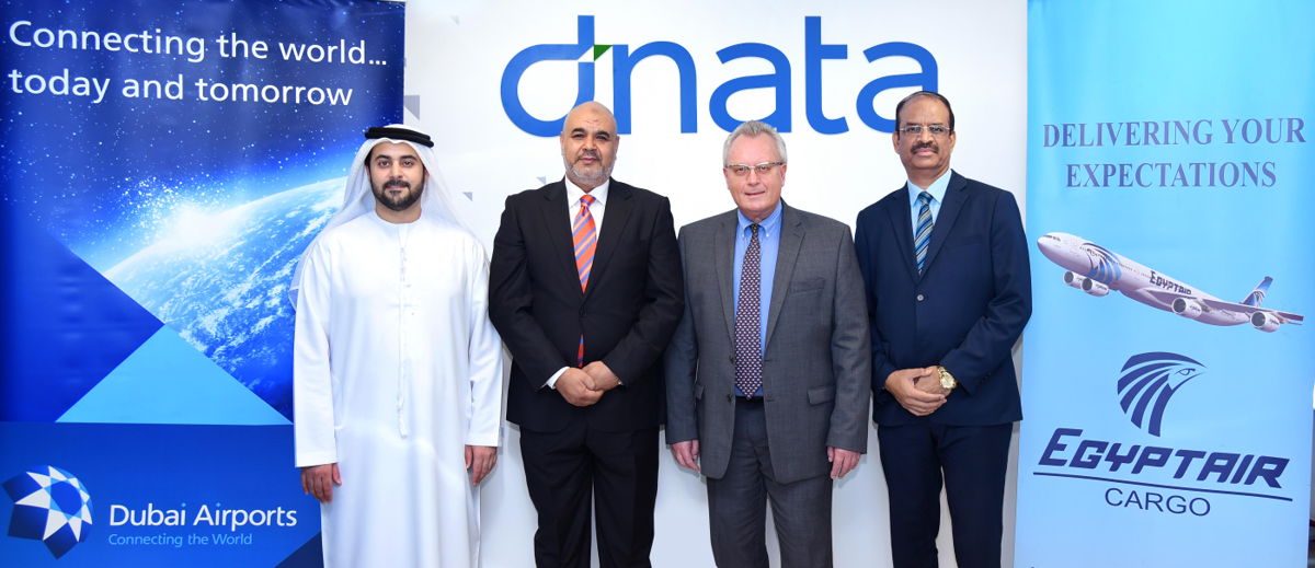 From left to right: Faisal Al Mulla (Director - Cargo Business Management, Dubai Airports), Sherif Sabry Morsi (Dubai Cargo Manager, EGYPTAIR Cargo), Bernd Struck (Senior Vice President - UAE Cargo & DWC Airline Services, dnata), Prakash Menon (Business Development Director-Link Global Logistics FZE/GSSA, EGYPTAIR Cargo-UAE).