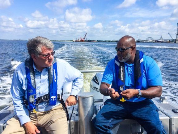 FDOT Secretary Kevin Thibault (left) and JAXPORT CEO Eric Green visit the site of the Jacksonville Harbor Deepening project.