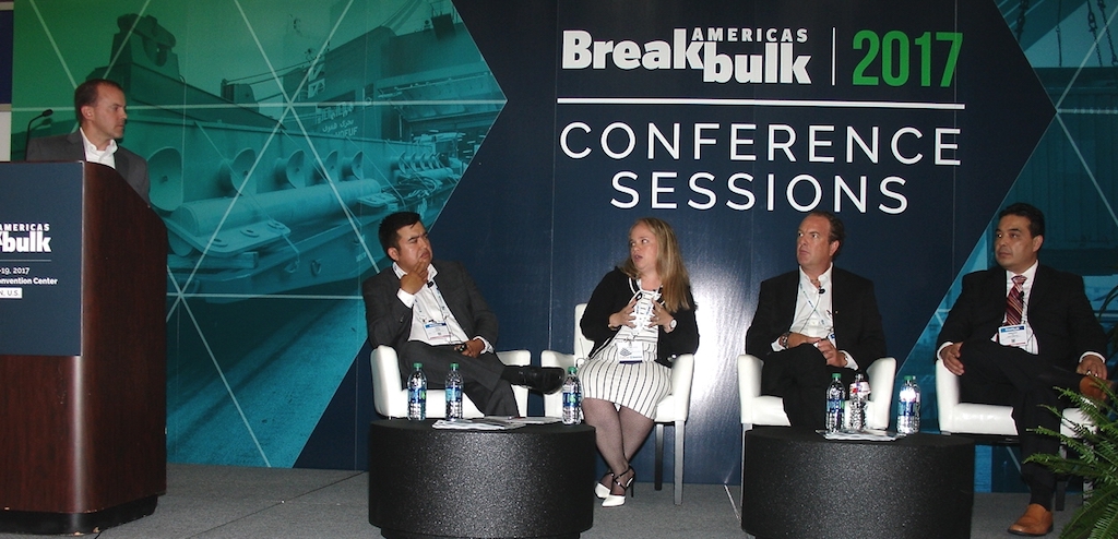 Taking part in a Mexico-centered panel discussion are, from left, Brandon Strange, assistant manager of logistics and transportation for Mitsubishi Hitachi Power Systems Americas; Raul Cuevas, commercial manager of Transportes Muciño; Gabriela Jonasson, senior projects logistics manager for Latin America at Siemens Gamesa Renewable Energy; Jurgen Hess, chief executive officer of IPA Steel Terminal; and Armando Lee, operations manager for ICI Proyectos and BASE Logistika. (Photo by Paul Scott Abbott, AJOT)