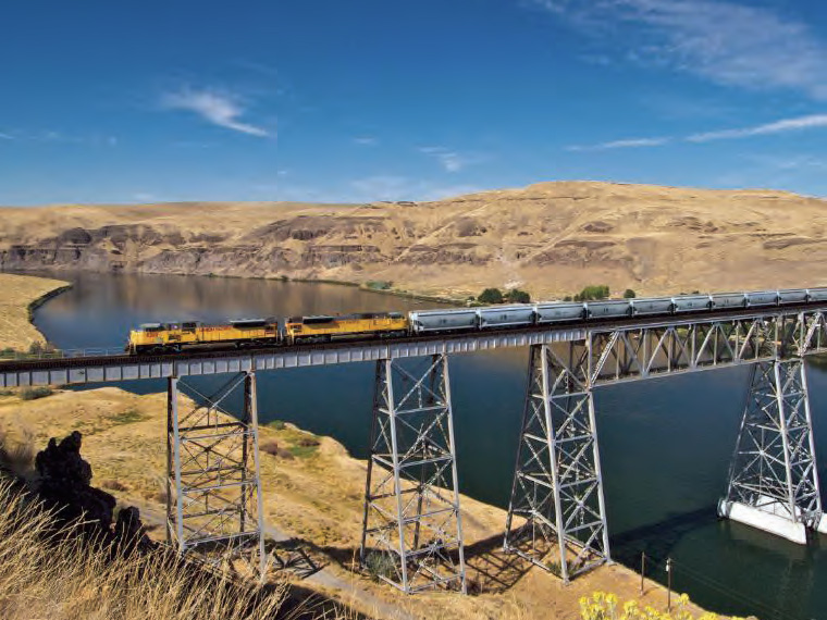 Union Pacific train crossing bridge