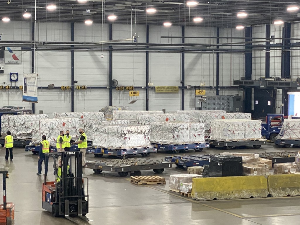 Pallets containing 1.5 million doses of the COVID-19 vaccine wait at American's Chicago O'Hare (ORD) Cargo facility to be loaded onto the flight to Guatemala City (GUA).