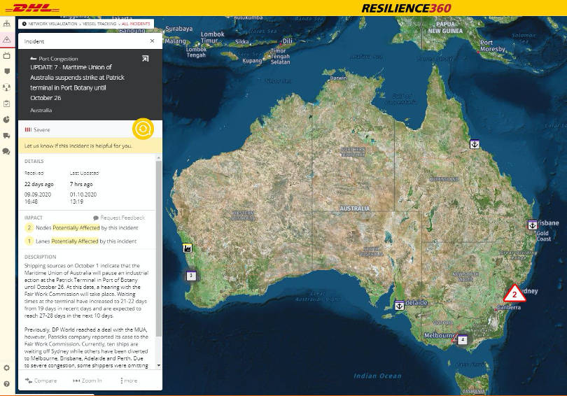  Real-time updates on the industrial actions at Australian ports. Source: Resilience360