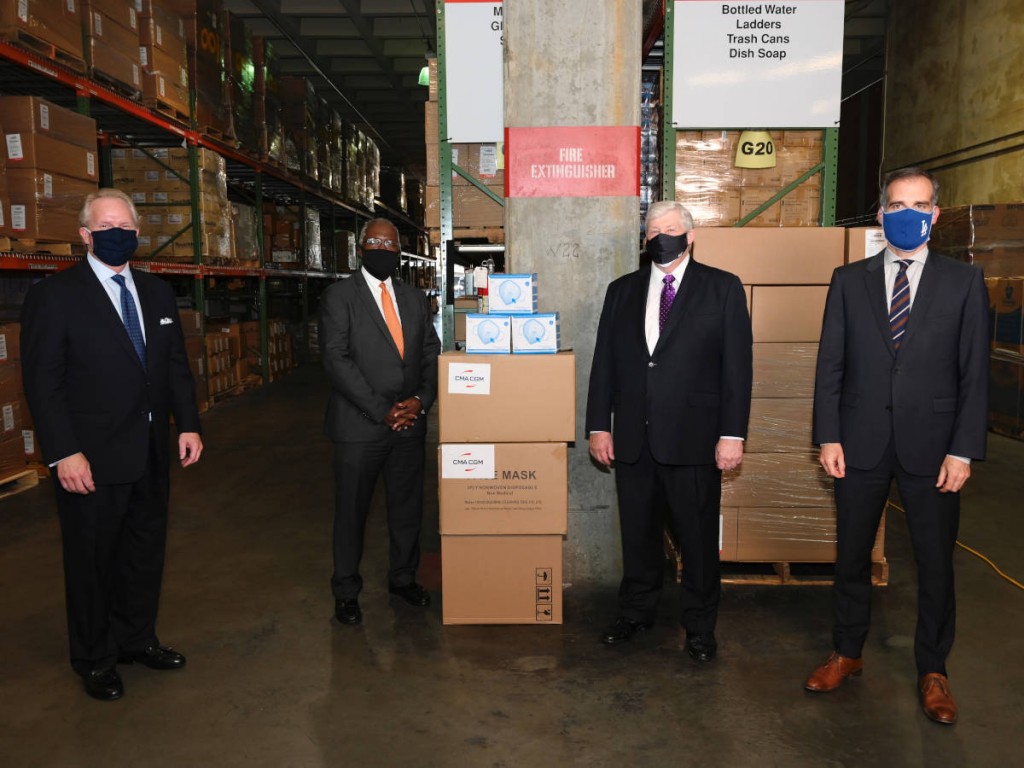 Pictured from left to right: Gene Seroka, Port of Los Angeles Executive Director and City of LA Chief Logistics Officer; Tony Royster, General Manager of the City of Los Angeles General Services Department; Ed Aldridge, President of CMA CGM and APL North America; Eric Garcetti, Mayor of Los Angeles, California