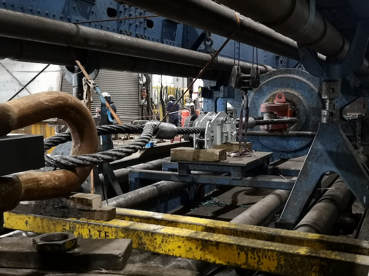 : One of the DLM Running Line Monitors (RLM), being calibrated using a 76mm wire rope sling, the same diameter as installed on the vessel mooring winches.