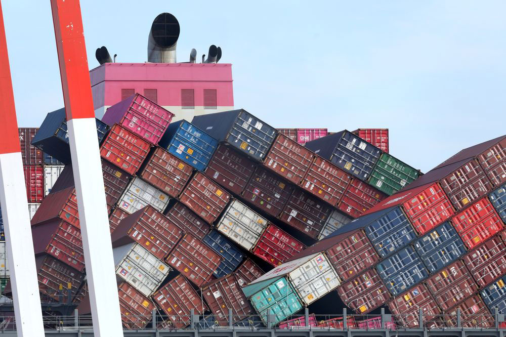 Dislodged containers on the Japanese-flagged ONE Apus container ship in 2020. Photographer: Buddhika Weerasinghe/Bloomberg