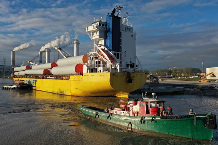 this navigation season brings to light a particularly impactful partnership between the Port of Monroe, Spliethoff Group’s BigLift Shipping, and Ventower Industry—one of four wind tower manufacturers in the United States—all working together to move, handle and manufacture wind towers for a General Electric project based in Michigan.