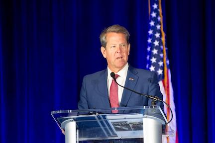 Georgia Gov. Brian Kemp addresses the opening session of the Georgia Foreign Trade Conference Monday, April 26, 2021.