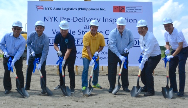 At the ground breaking (from left): Jong Castaneda, NALP General Manager; Teng Albert, NALP President; Dennis Hain, Brgy. Niugan Chairman; Atty. Gecolea, Cabuyao City Mayor; Manuel de Jesus, ICTSI Vice President for Business Development – Asia; Ayumi Tsuboi, NALP Vice President; and Jerry Lagunilla, Assistant General Manager for PDI Operations. 