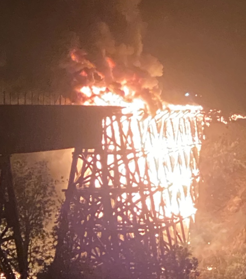 Yakima River trestle rail bridge on fire 