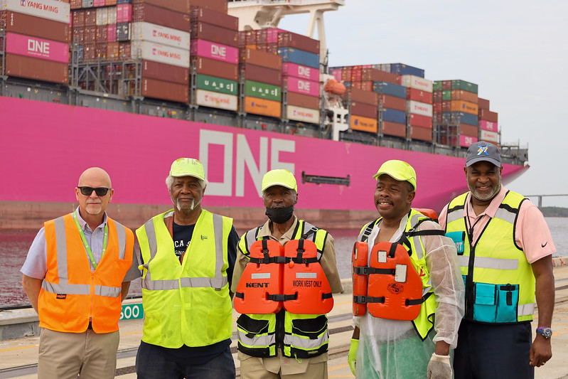 Pink container ship docks at JAXPORT