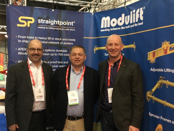 LGH’s Phil Smith (left), commercial manager, and Colin Naylor (right), managing director, either side of David Ayling, managing director, Straightpoint, at LiftEx 2017.