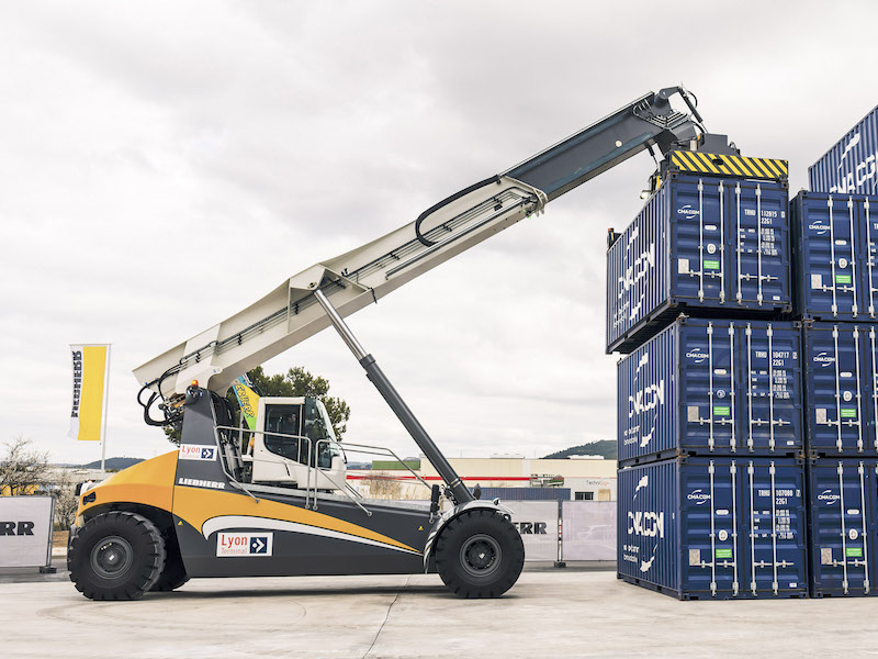 The Liebherr Reachstacker LRS 545 busy handling container at the branch opening in Rognac, France.