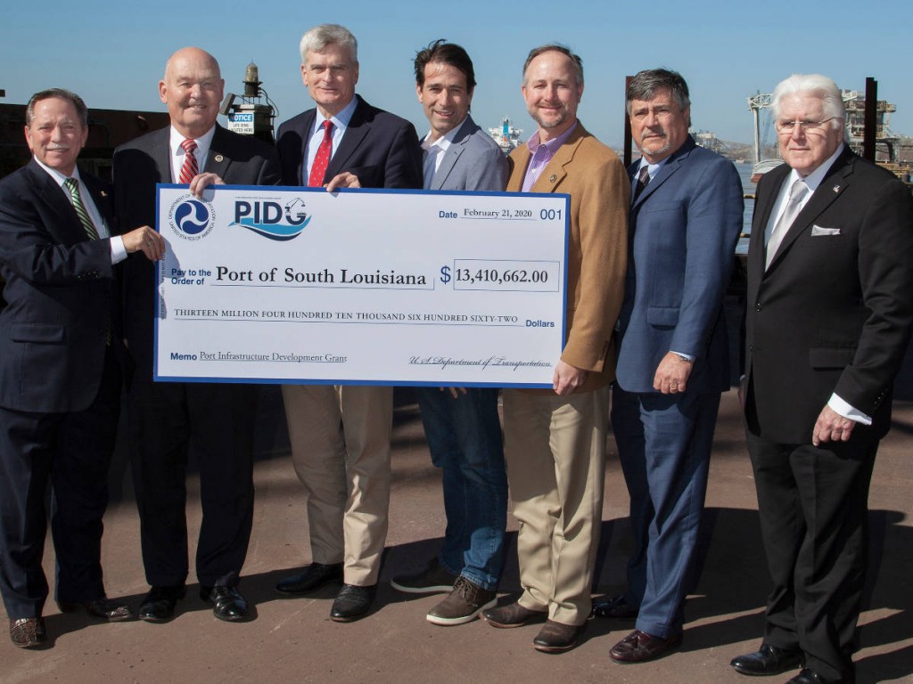 Pictured L-R: Port of South Louisiana Commission Chairman D. Paul Robichaux, U.S. Maritime Administrator Admiral Mark H. Buzby, U.S. Senator Bill Cassidy, U.S. Congressman Garret Graves, Louisiana Senator Gary Smith, Port of South Louisiana Commission Treasurer P. Joey Murray, and Port of South Louisiana Executive Director Paul Aucoin