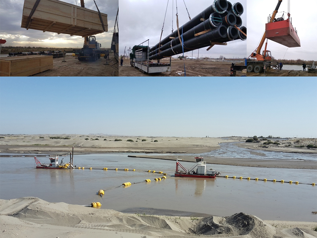 A dredger dismantled for the 7,000-kilometer journey at its destination in Kerki, Turkmenistan (top) and in operation on the Amu Darya (bottom)