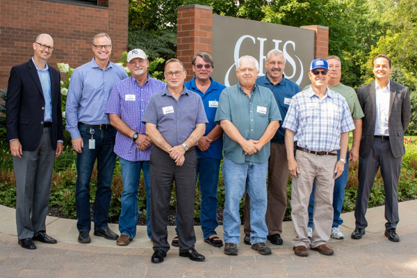 From left to right: Darin Hunhoff, EVP of CHS Energy; Charles Kendall, CHS Global Director of Environment, Health and Safety; Cecil Worden, Ron Hahn, Duane Robinson, Lonny Pickerign, Doug Swisher, Charlie McClurg, Mark Siefers, all award recipients and drivers with CHS; and Patrick Hessini, vice president, CHS Transportation and Distribution.