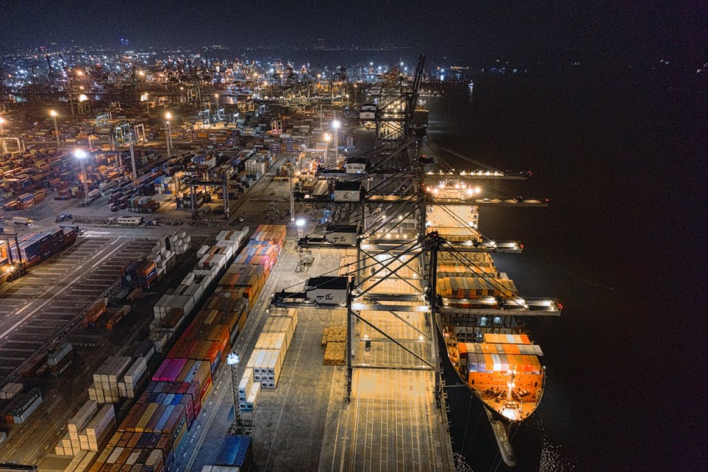 Cargo ship at port during night