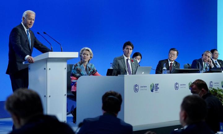 Global Methane Pledge - U.S. President Joe Biden (L) addresses heads of state at COP26 on the joint EU / US initiative, with Ursula von der Leyen President of the EC (2nd L) seated. Glasgow, Scotland, Nov. 2, 2021.