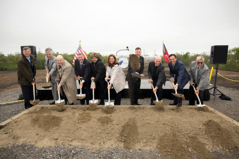 From left, GPA Board Member Charles Tarbutton, Savannah Mayor Eddie Deloach, Maritime Administrator Rear Adm. Mark H. Buzby, GPA Board Chairman Jimmy Allgood, Tracey Mason, Teresa Waters, GPA Executive Director Griff Lynch, Norfolk Southern VP of Business Development and Real Estate Rob Martinez, CSX VP of Intermodal Dean Piacente and Garden City Mayor Don Bethune break ground on the Mason Mega Rail terminal, Tuesday, March 27, 2018, at the Port of Savannah. The expansion project will add 97,000 feet of track at Garden City Terminal. 