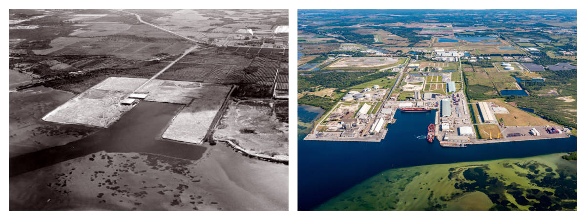 From its humble beginnings in 1970 (left), the present Port Manatee (right) has emerged as a global hub of commerce, with thousands of surrounding acres still ripe for development. (Historical photo courtesy of Manatee County Public Library Historical Digital Collections.)