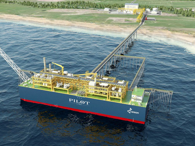 An illustration of Pilot LNG's planned Floating Liquefied Natural Gas (FLNG)-based bunker port for Galveston 