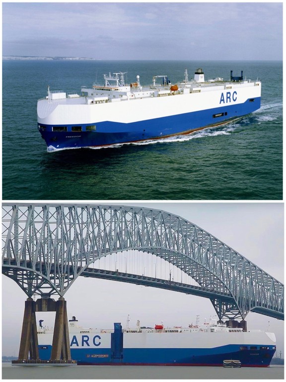 Top photo: MV Freedom sailing past the White Cliffs of Dover, UK Bottom photo: MV Honor sailing under the Francis Scott Key Bridge, Baltimore, Md.